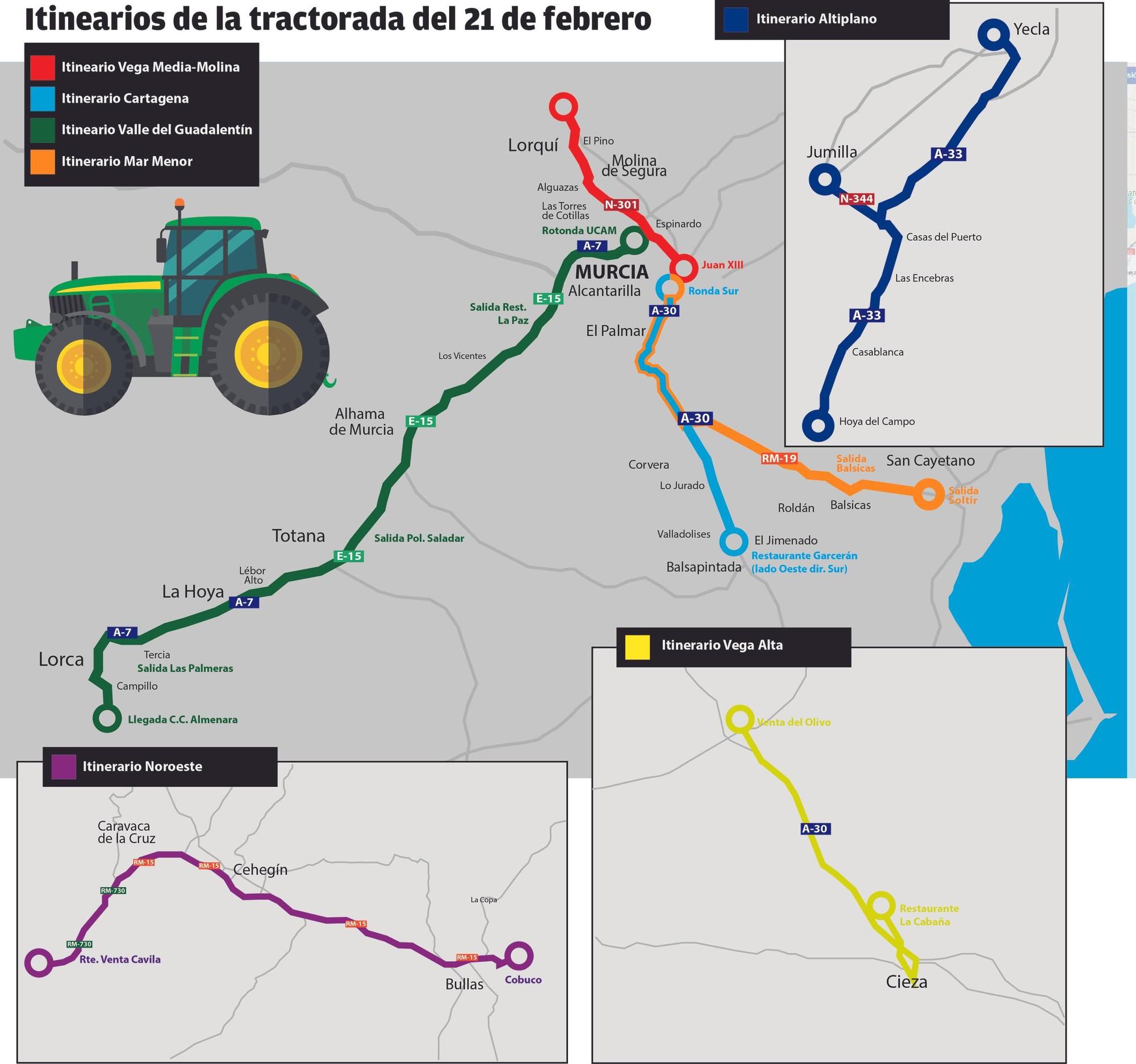 Itineario de las tractoradas del 21 de febrero.