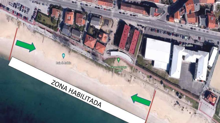 Plano de la zona de la playa de Rodeira en donde se permiten las hogueras.