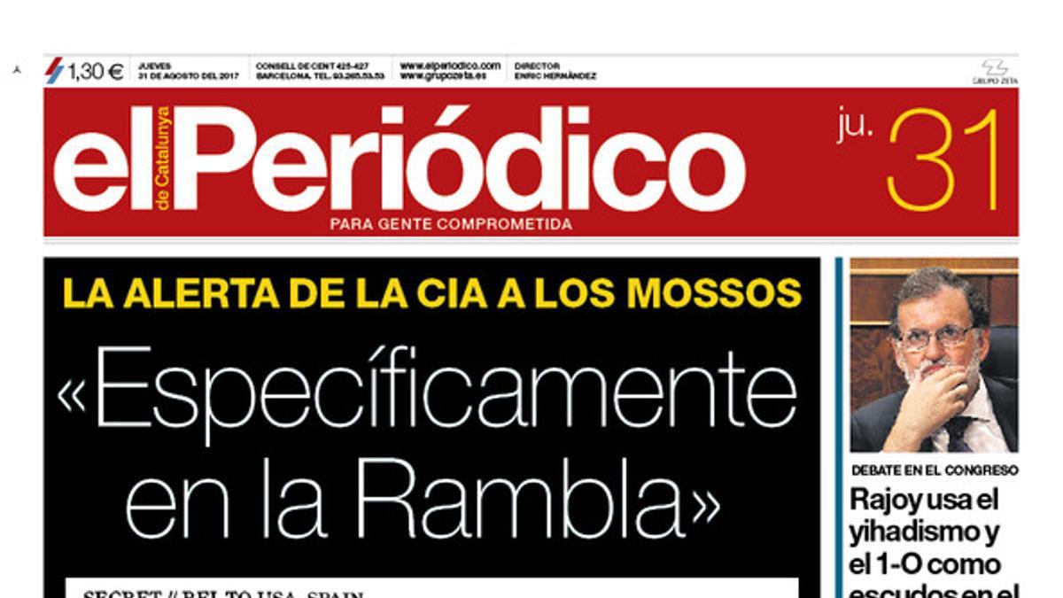 La portada de EL PERIÓDICO del 31 de agosto del 2017.