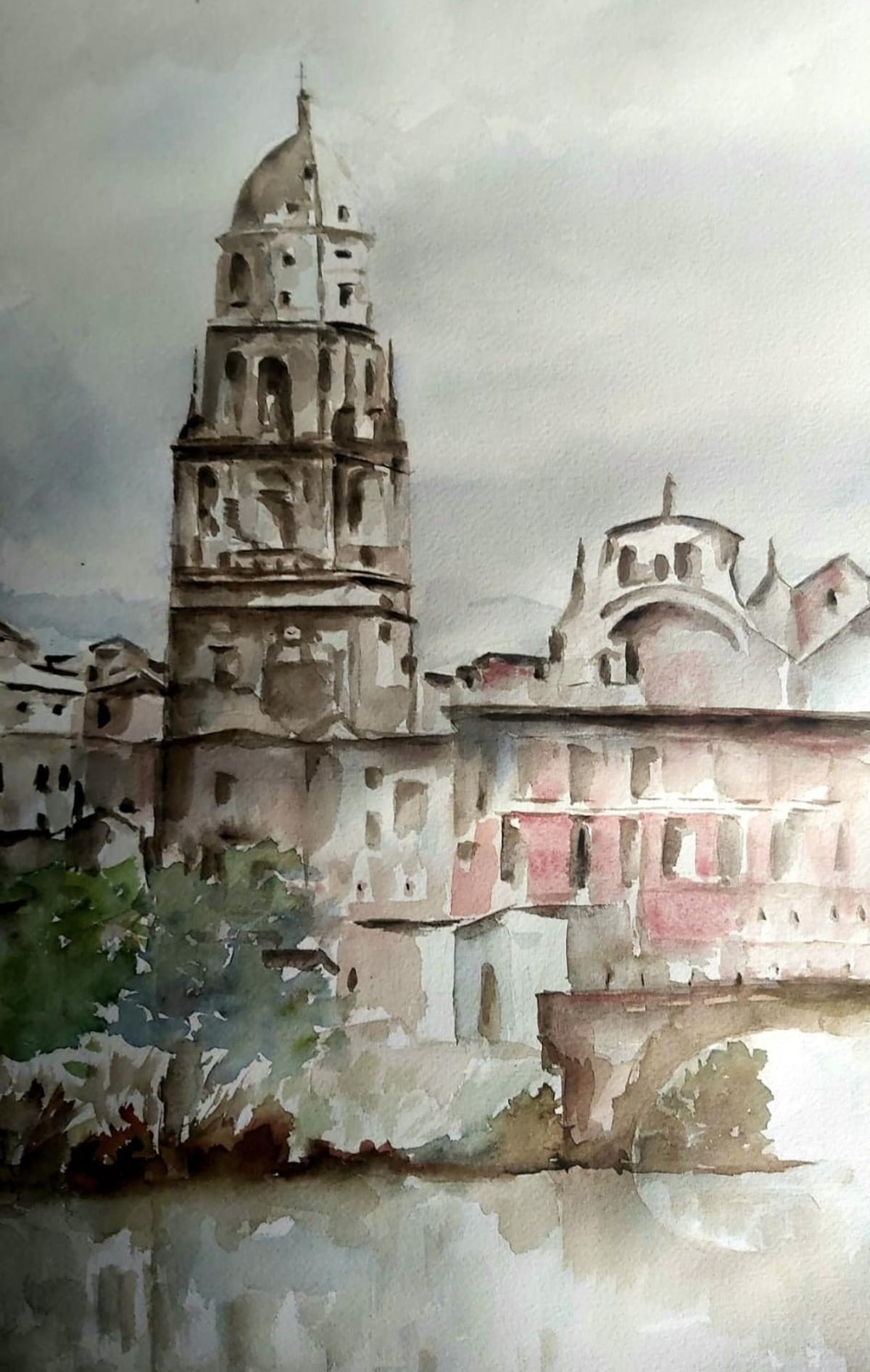 La imponente Catedral de Murcia, con su torre majestuosa y su imafronte, brilla en una de las acuarelas de la exposición.