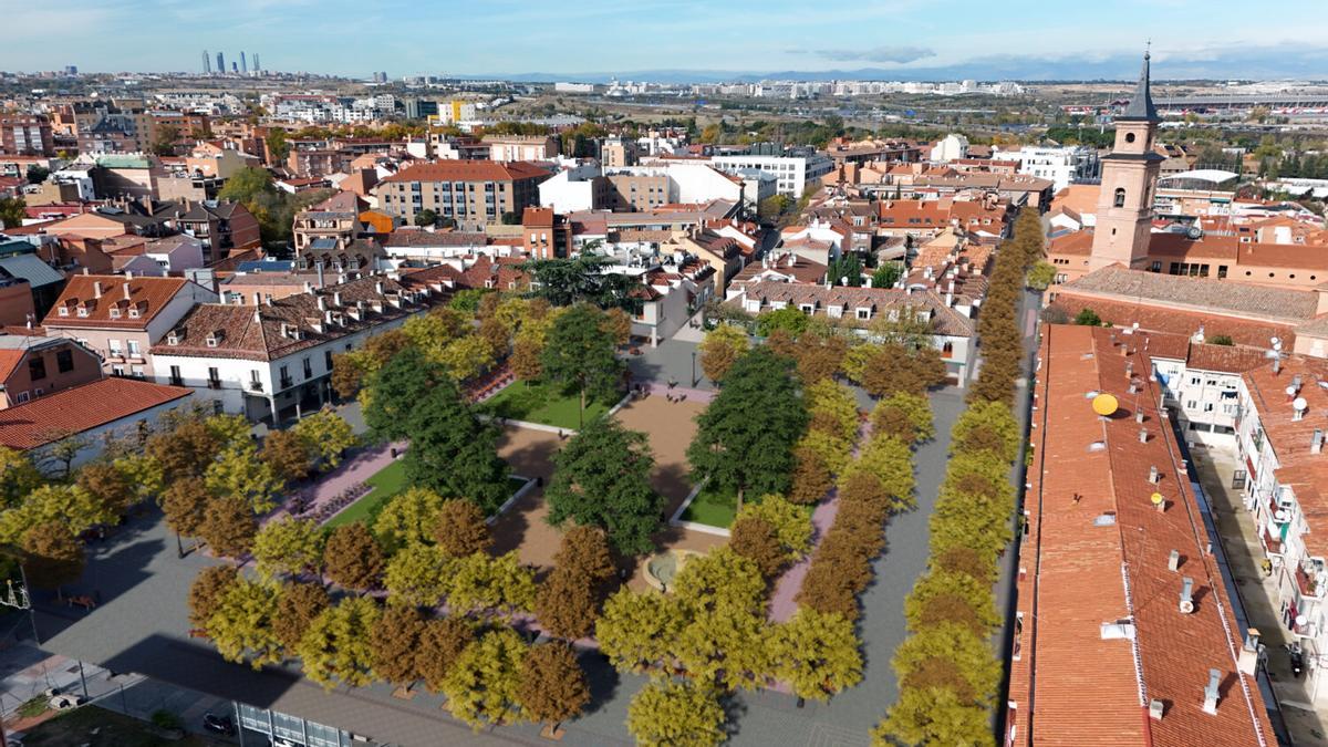 Recreación del aspecto de la Plaza Mayor de Barajas tras la intervención proyectada.