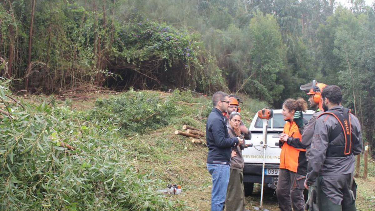 La brigada forestal, ayer, con el edil de Medio Ambiente en los terrenos.