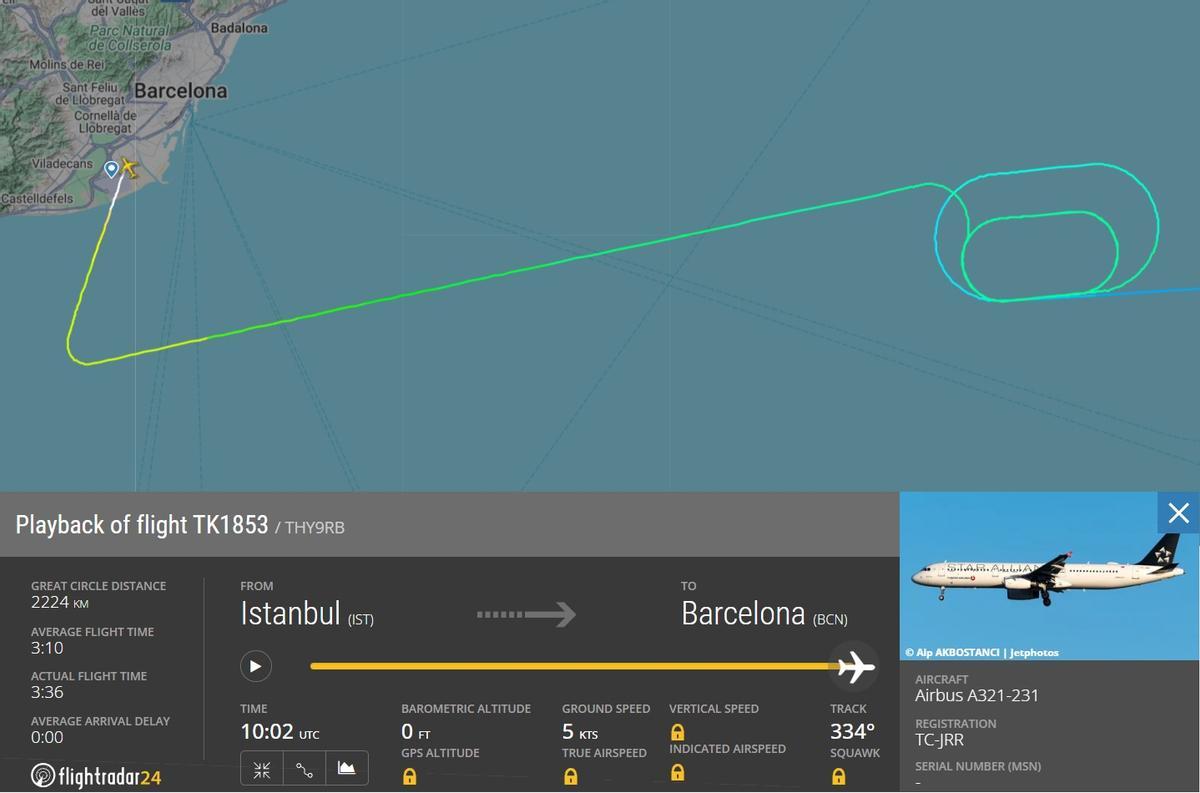 Aproximación y aterrizaje del avión de Turkish Airlines, en la web Flightradar24