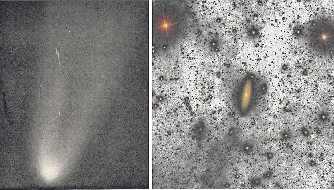 Izquierda: Fotografía del cometa Halley realizada por Jean Mascart desde Tenerife durante su visita en 1910. Crédito: Jean Mascart. Derecha: Imagen de la galaxia UGC180 tomada por el GTC, una de las más profundas jamás obtenidas desde Tierra.