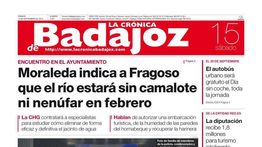 Esta es la portada de LA CRÓNICA DE BADAJOZ correspondiente al día 15 de septiembre del 2018