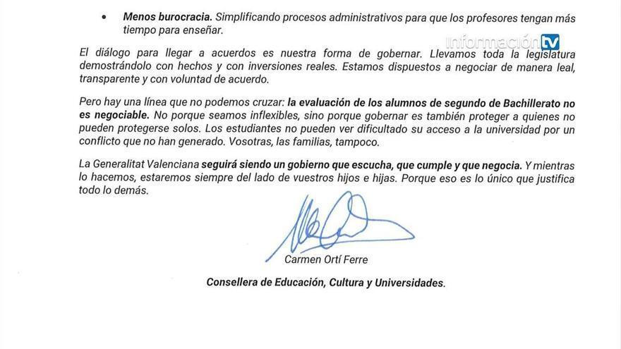 La consellera de educación presiona a sindicatos y profesorado con una carta a las familias