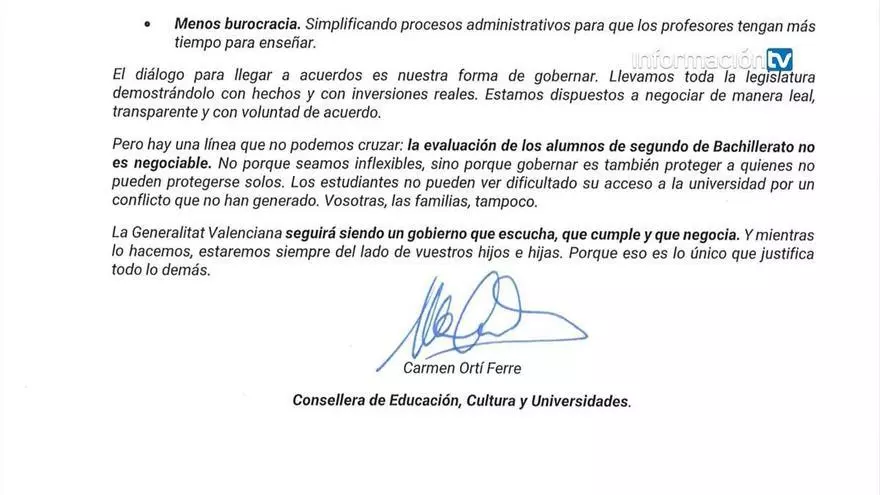 La consellera de Educación presiona a sindicatos y profesorado con una carta a las familias