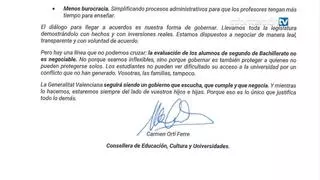 La carta de la consellera indigna a familias y alumnos: del fin partidista al intento de boicot