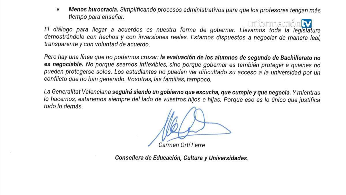 La consellera de Educación presiona a sindicatos y profesorado con una carta a las familias