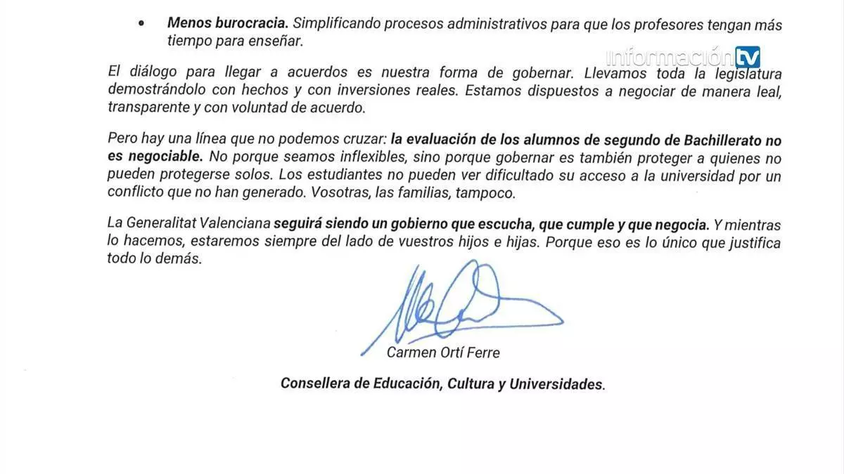 La consellera de Educación envía una carta a los padres de alumnos para enfrentarles con los docentes