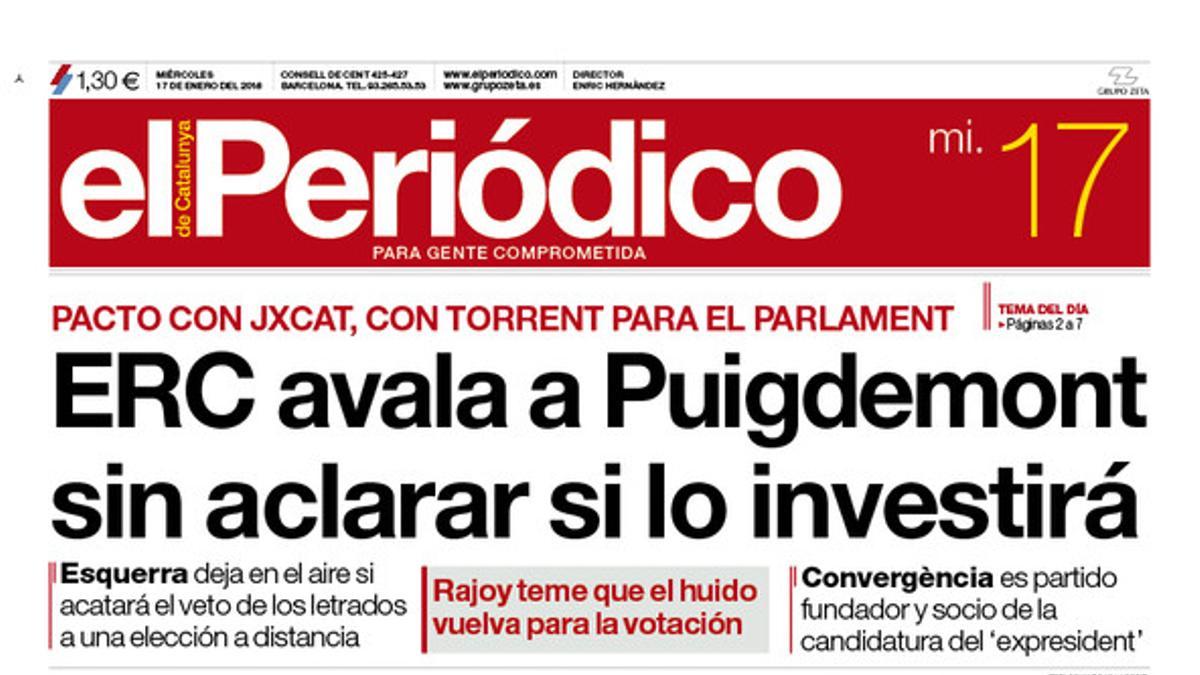 La portada de EL PERIÓDICO del 17 de enero del 2018