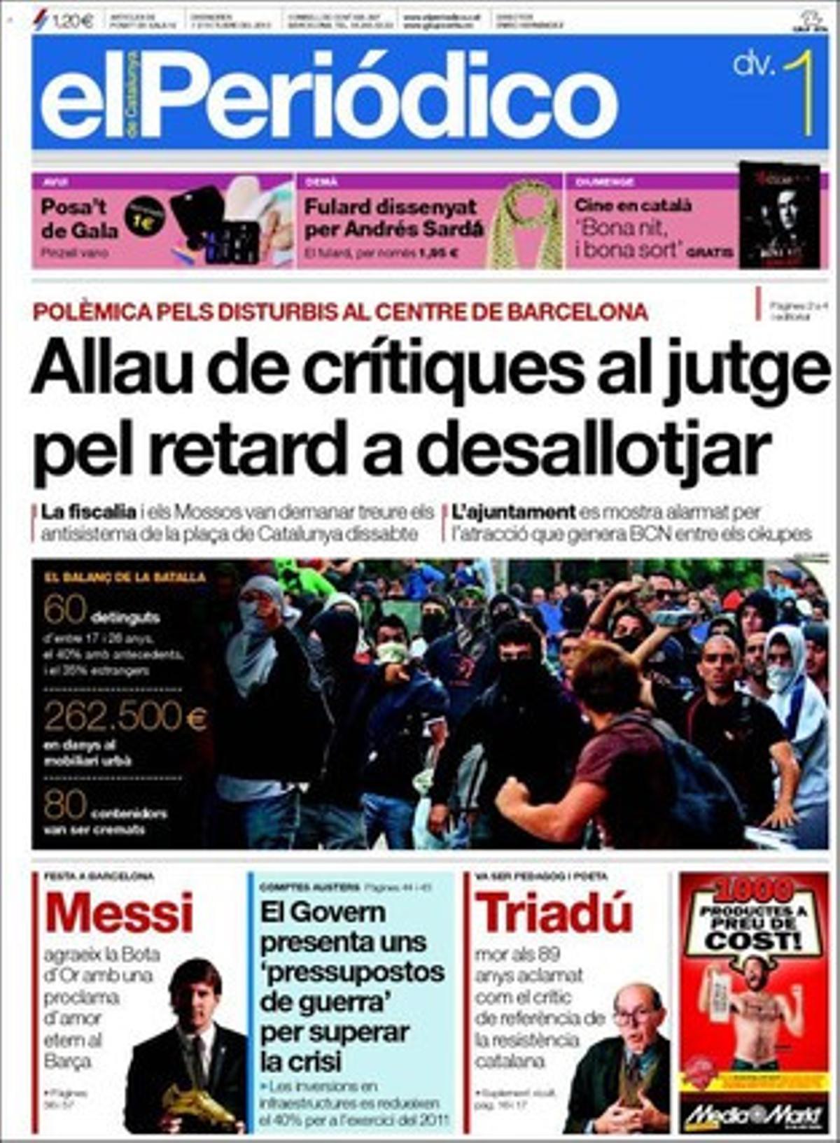 A més dels quatre temes de portada, EL PERIÓDICO destaca a dins que Zapatero aguanta el timó després del 29-S i que augmenta la pressió perquè el Govern dialogui després de la mobilització sindical, que els metges afirmen que el Rei està totalment recuperat, que ICV mimarà el vot del seu elector de més edat i que Montserrat Tura es perfila com a número dos de la llista del PSC. També que els bisbes diuen que la visita del Papa serà un negoci per a tothom, que els saures enterraven els seus ous i que la trama de funcionaris corruptes de Ciutat Vella va amenaçar alts càrrecs amb arts mafioses. El quadern ’+icult’ acomiada els desapareguts Joan Triadú i Tony Curtis, i recull el millor de l’oferta cultural del cap de setmana barcelonina i catalana.