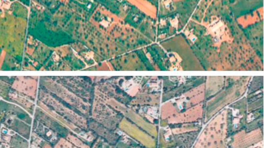 Ausschnitt aus dem Satellitenbild: Das erste Foto zeigt die Bebauung eines Gebiets bei Llucmajor im Jahr 2001. Das zweite Foto im Jahr 2015.