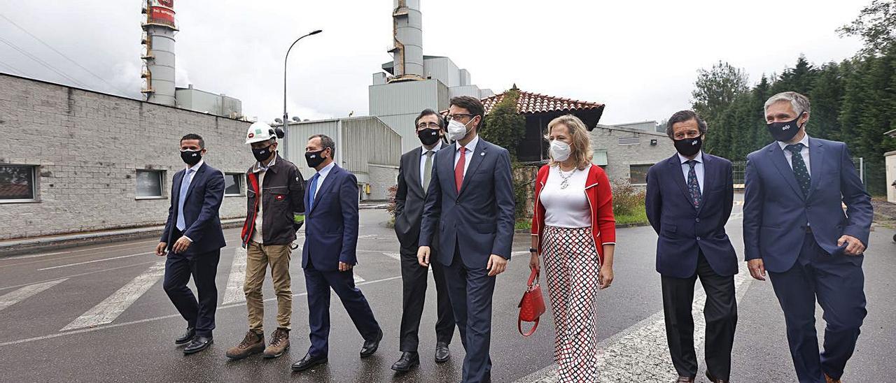 En el centro, el consejero de Industria y la directora general de Energía, Belarmina Díaz, ayer, en Soto de Ribera, con directivos de EDP. | Miki López