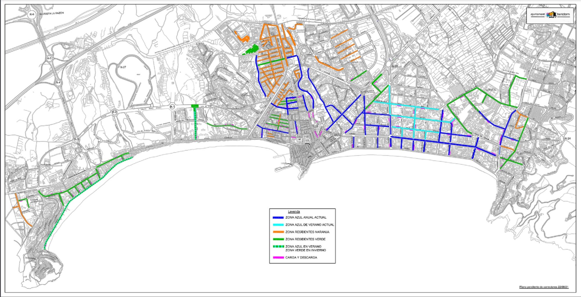 Plano de Benidorm con la nueva distribución por colores e las distintas calles de la ciudad.