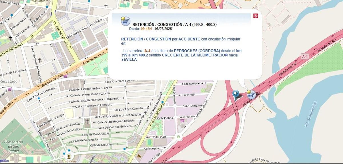 Aviso de la DGT por congestión de tráfico provocado por un accidente en la A 4 a la altura del arroyo Pedroches, en el kilómetro 399.