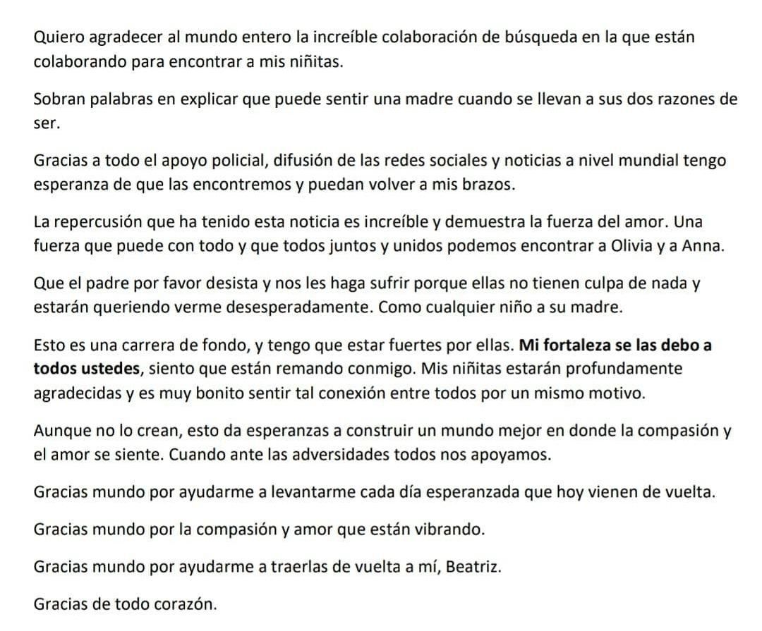 La carta escrita por la madre de las niñas desaparecidas en Tenerife