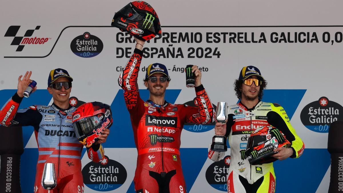 Márquez, Bagnaia y Bezzechi celebran su podio en el GP de Jerez