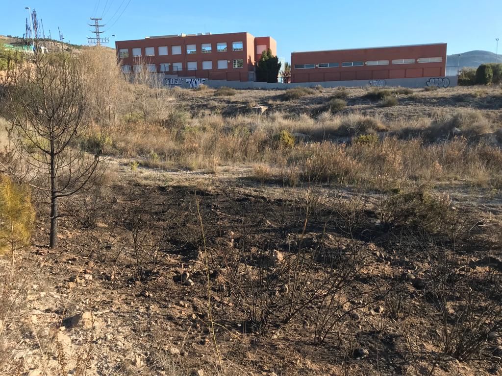 La zona calcinada tras el impacto y al fondo el CIPFP Valle de Elda.