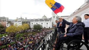 El presidente de Ecuador, Lenín Moreno, en el balcón del Palacio de Carondelet en Quito.