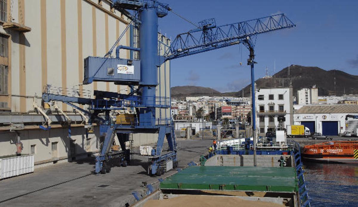 Imagen de archivo de una de las operaciones de descarga de cereales en las instalaciones de Silos Canarios.