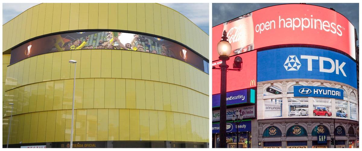 Un ejemplo con render digital de cómo se iluminarán los espónsores en La Cerámica (izquierda), similar a las leds de Picadilly Circus (derecha).