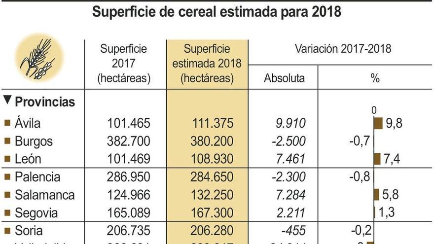 Cuadro de superficie cultivada por provincias en Castilla y León.