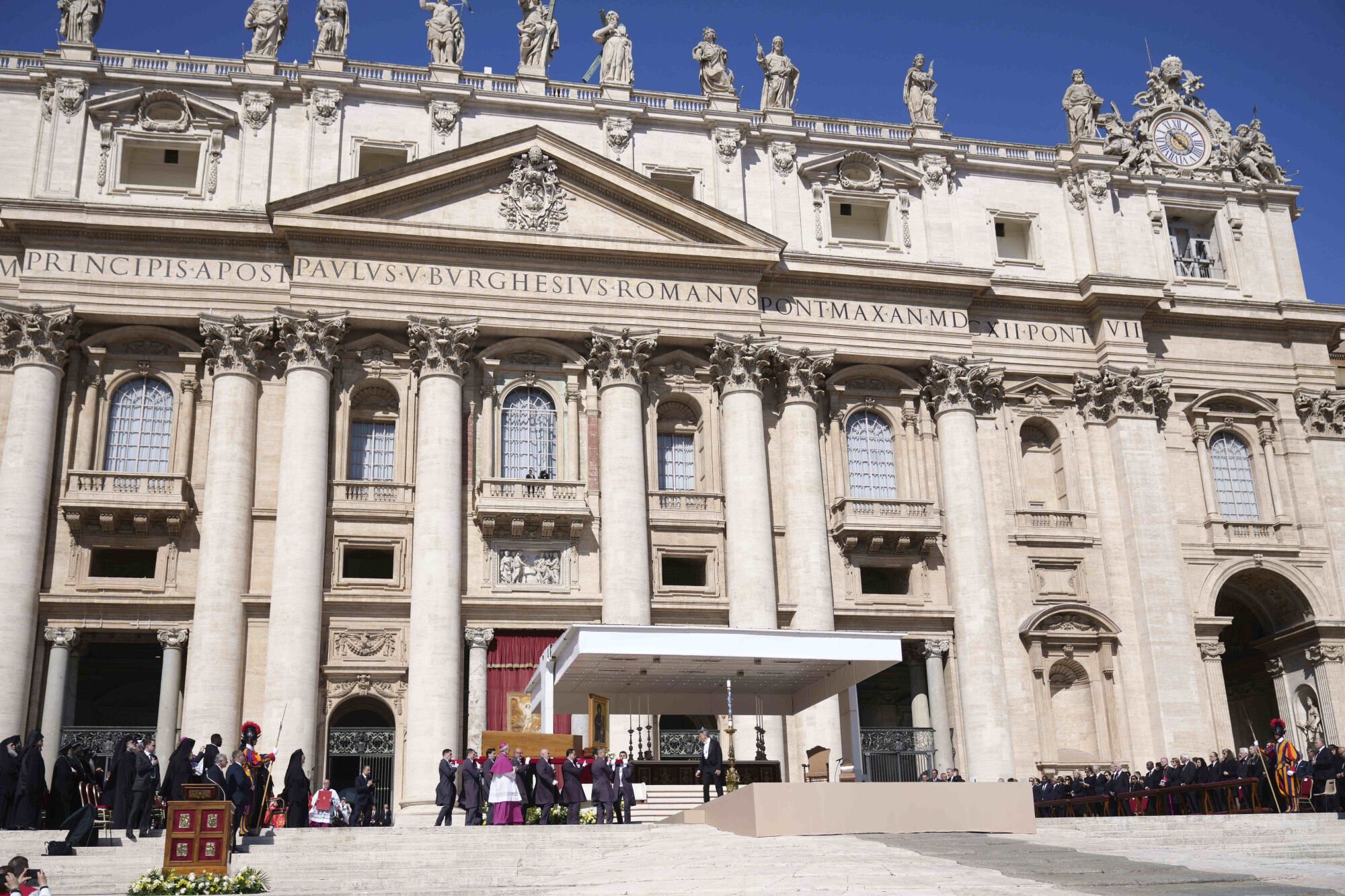 The coffin of Pope Francis is carried into St. Peter's Square during his funeral ceremony, at the Vatican, Saturday, April 26, 2025. (AP Photo/Alessandra Tarantino). EDITORIAL USE ONLY/ONLY ITALY AND SPAIN