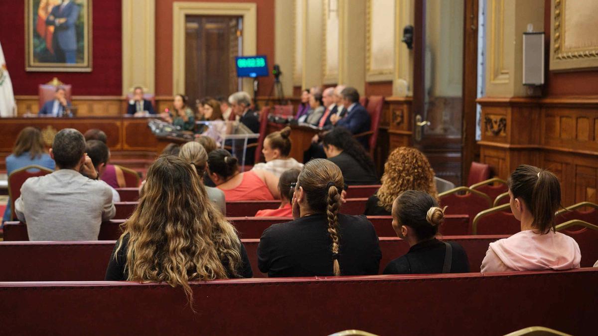 De espaldas, algunas de las 358 familias de Añaza que asistieron al pleno del Ayuntamiento de Santa Cruz de Tenerife.