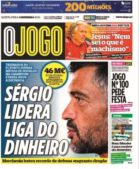 Portada O JOGO jueves 3 diciembre 2020