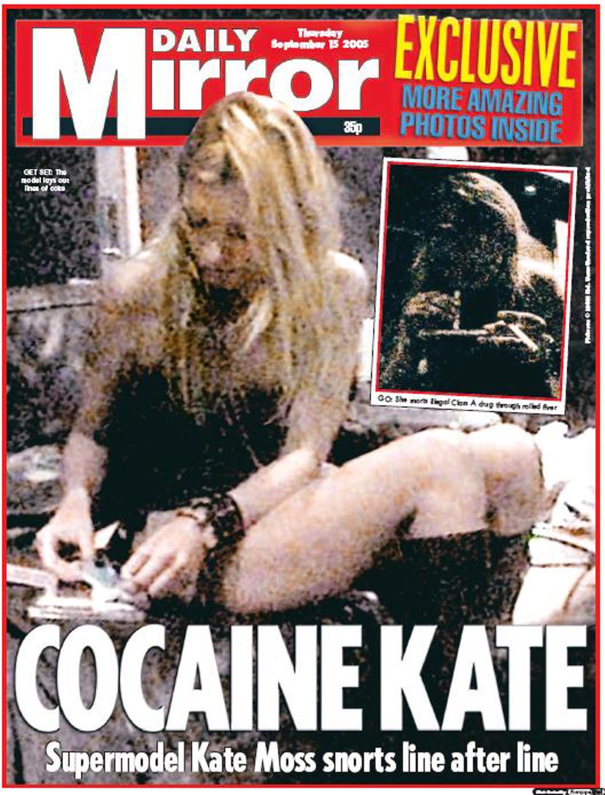 KATE Y LA COCA. En portada de 'The Mirror', preparándose una raya de coca, en 2005. KATE Y LA COCA. En portada de 'The Mirror', preparándose una raya de coca, en 2005.