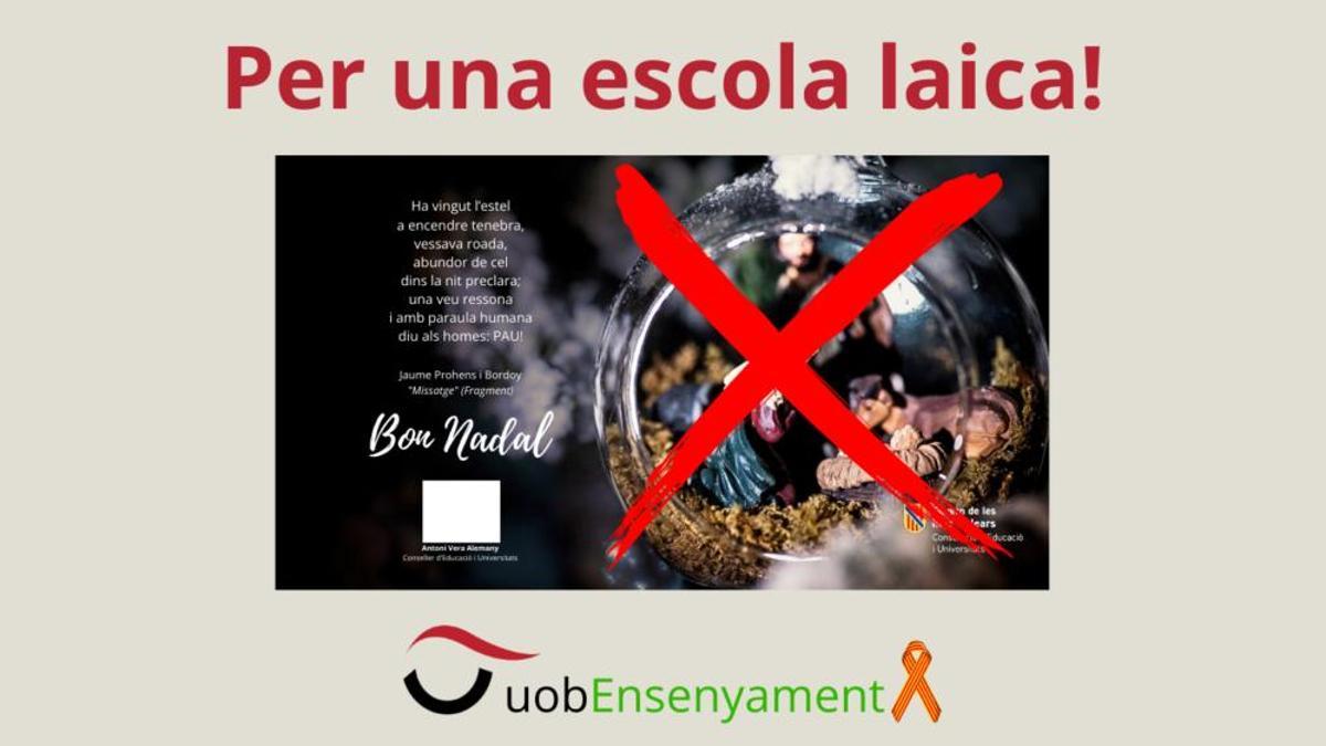UOB Ensenyament critica la postal de Navidad de la Conselleria de Educación por incluir símbolos religiosos