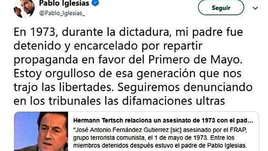 El tertuliano Tertsch vuelve a juicio por injuriar ahora al padre de Iglesias