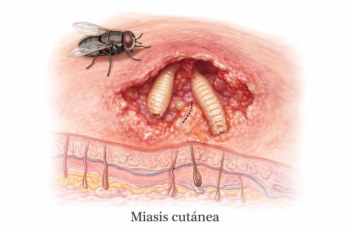 Miasis cutánea: larvas de mosca dentro de tu piel.