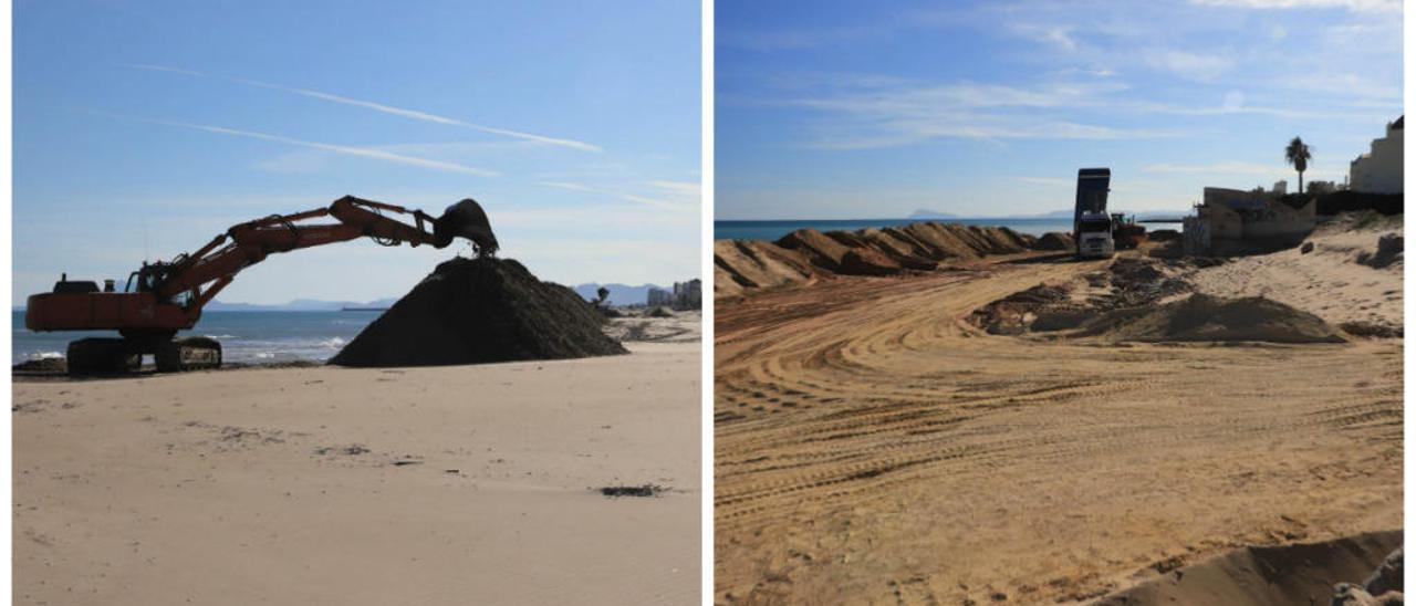 La arena que se está extrayendo en la playa de Gandia y, a la derecha, la de la Goleta de Tavernes de la Valldigna, donde se aprecia la gran franja que ya ha sido ganada al mar.