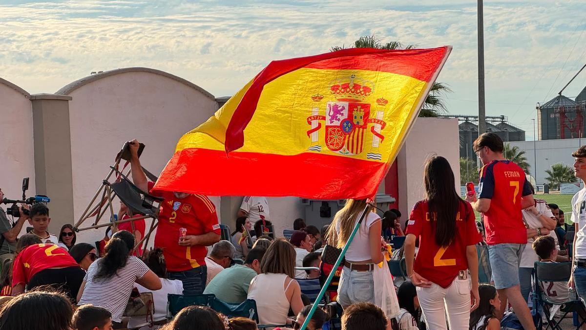 Aficionados ondean una bandera española en Don Benito.