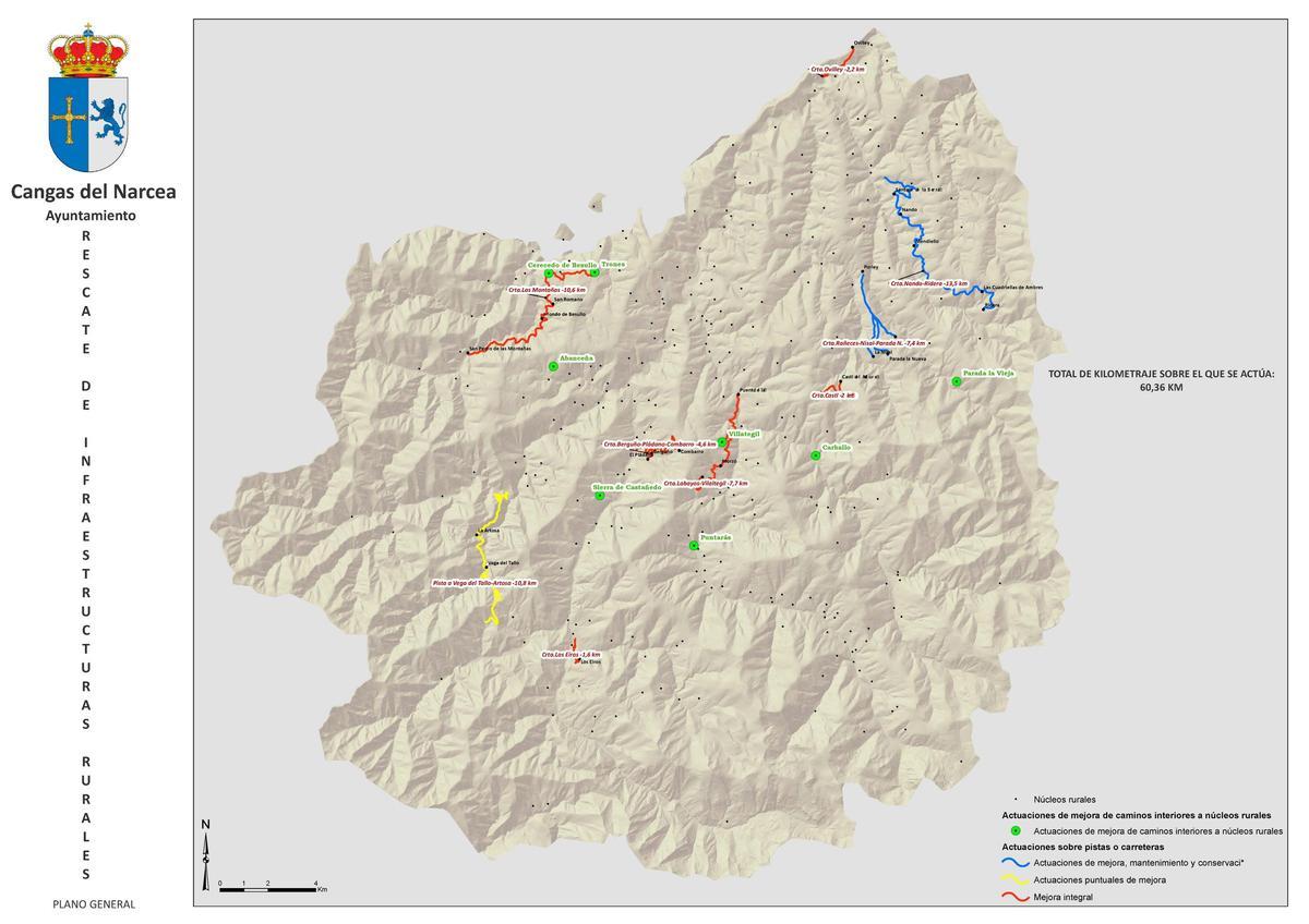 Mapa del concejo cangués con los pueblos y carreteras en los que se actuará marcados.