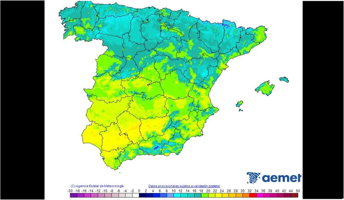 Temperaturas máximas registradas en las últimas horas en España. En el aeropuerto de Córdoba se rozaron los 25 grados este domingo.