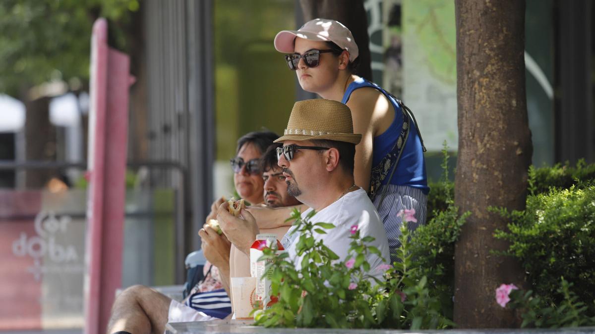 Turistas se resguardan como pueden del sol y del calor en la plaza de las Tendillas de Córdoba.