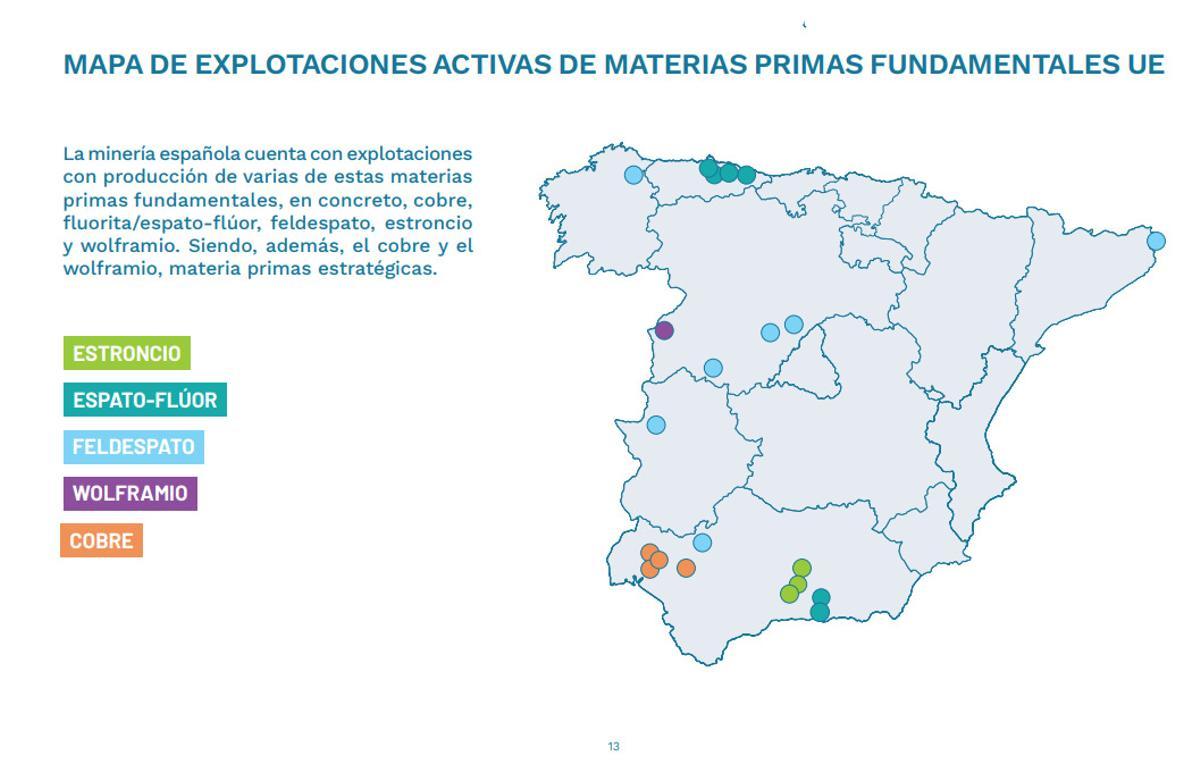 Mapa de explotaciones activas de materias primas fundamentales para la UE.