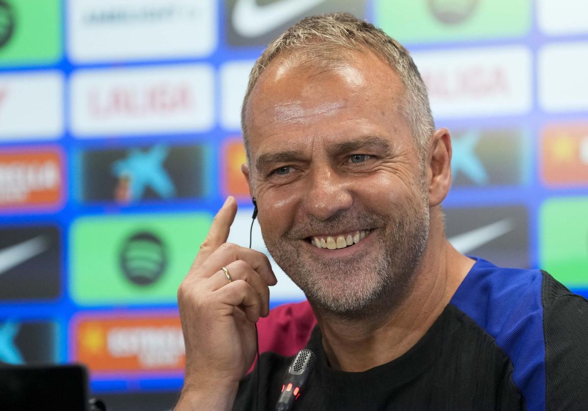 FC Barcelona coach Hansi Flick offers a press conference after open doors in the Ciutat Esportiva Joan Gamper in Sant Joan Despí (Barcelona). EFE/ ENRIC FONTCUBERTA. (BARCELONA)