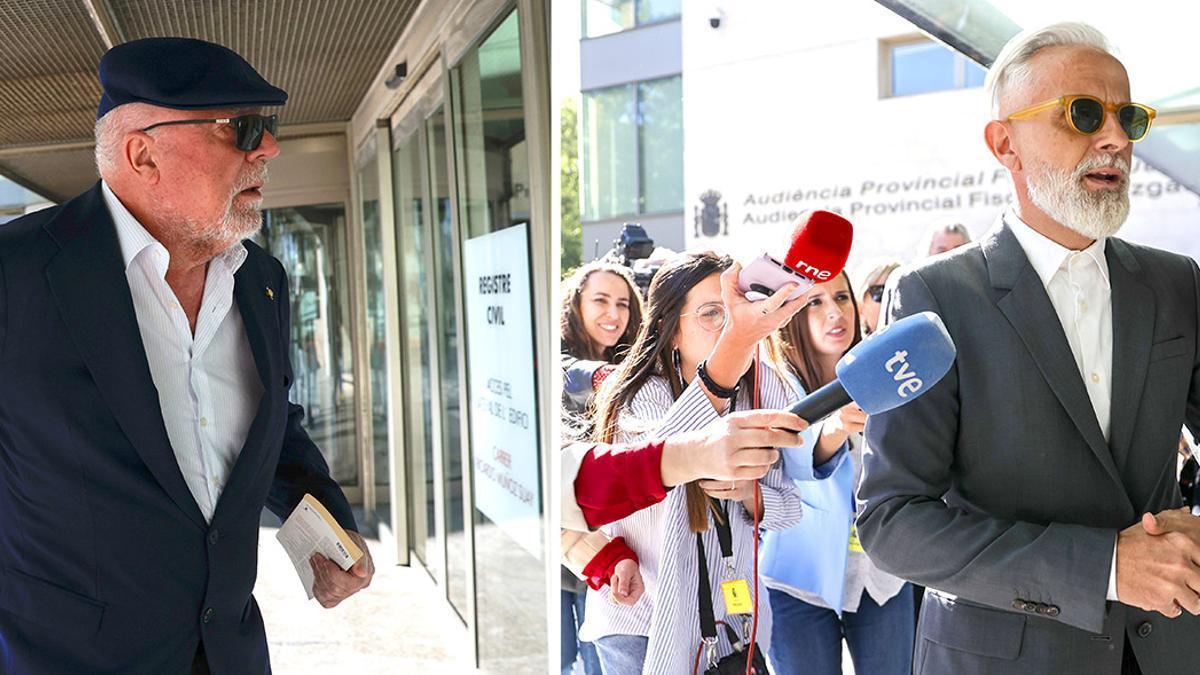 El excomisario José Manuel Villarejo y el yonqui del dinero, Marcos Benavent, acceden a la Ciudad de la Justicia, ayer, para declarar en la decimotercera sesión del juicio del caso Erial.