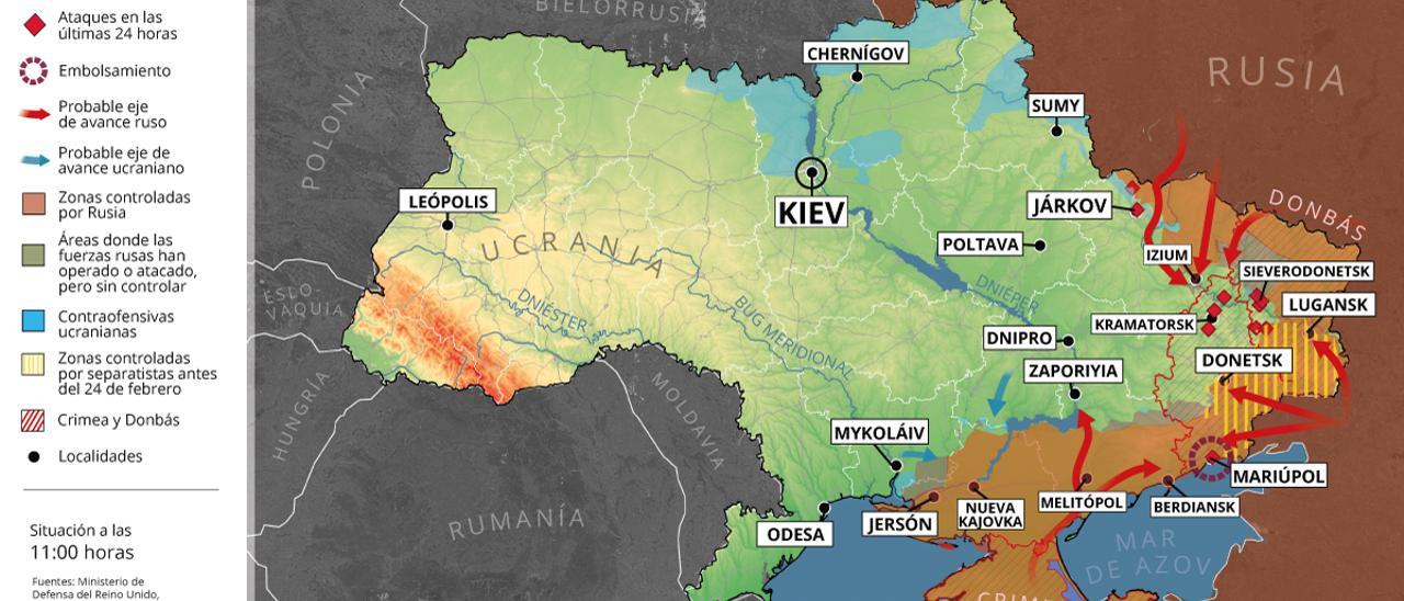 Mapa con la situación de la guerra en Ucrania el 28 de abril de 2022 (Estado a las 11:00 horas)