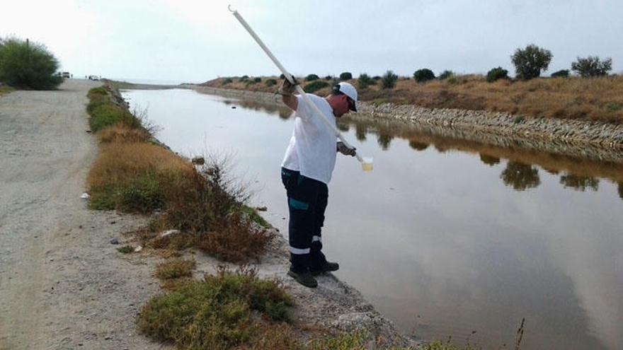 Un operario municipal analiza el agua del Guadalhorce.