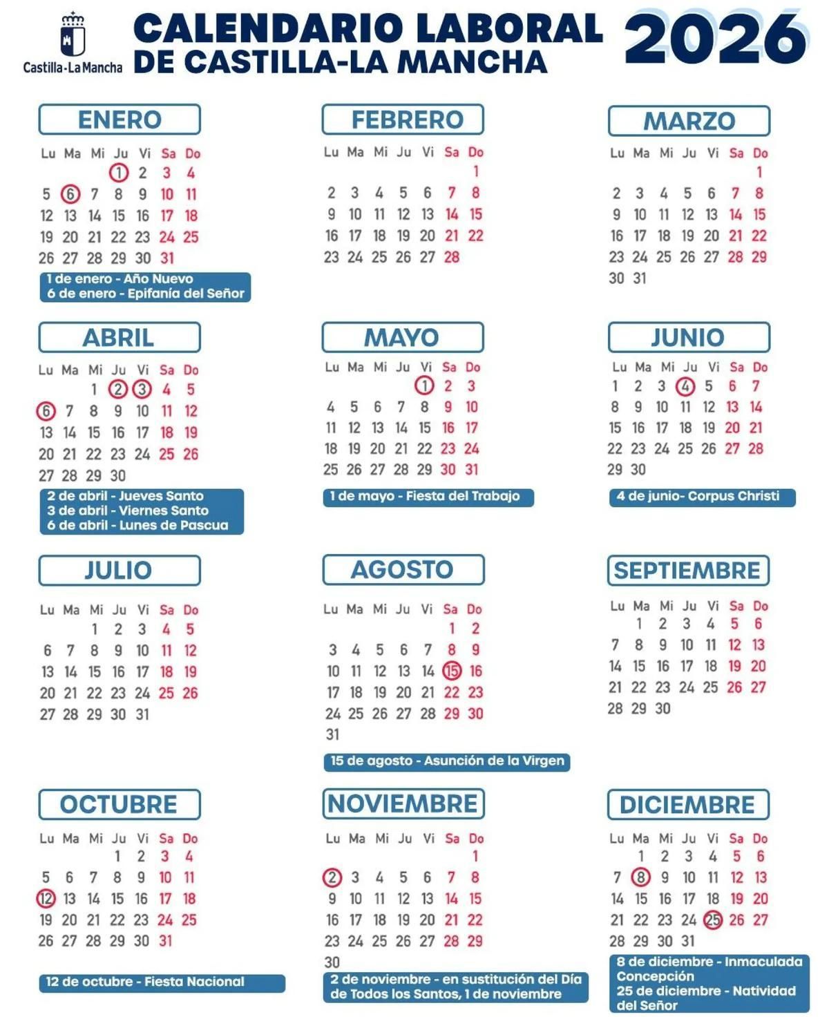 Calendario laboral  de Castilla- La Mancha 2026