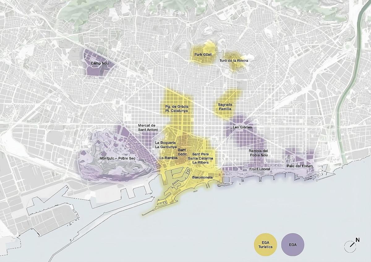 Mapa de los 'espacios de gran afluencia' y 'espacios de gran afluencia turística' de Barcelona.