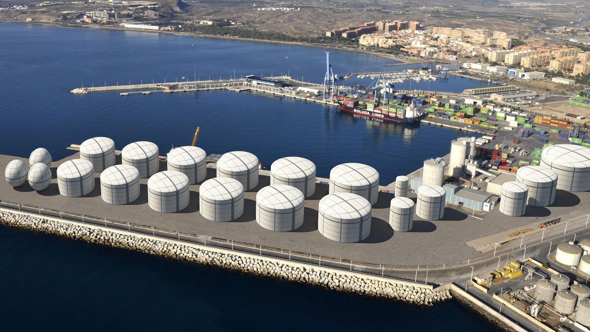 Imagen virtual elaborada por Guanyar en 2018 para denunciar cómo quedaría la planta para almacenar combustible en el puerto
