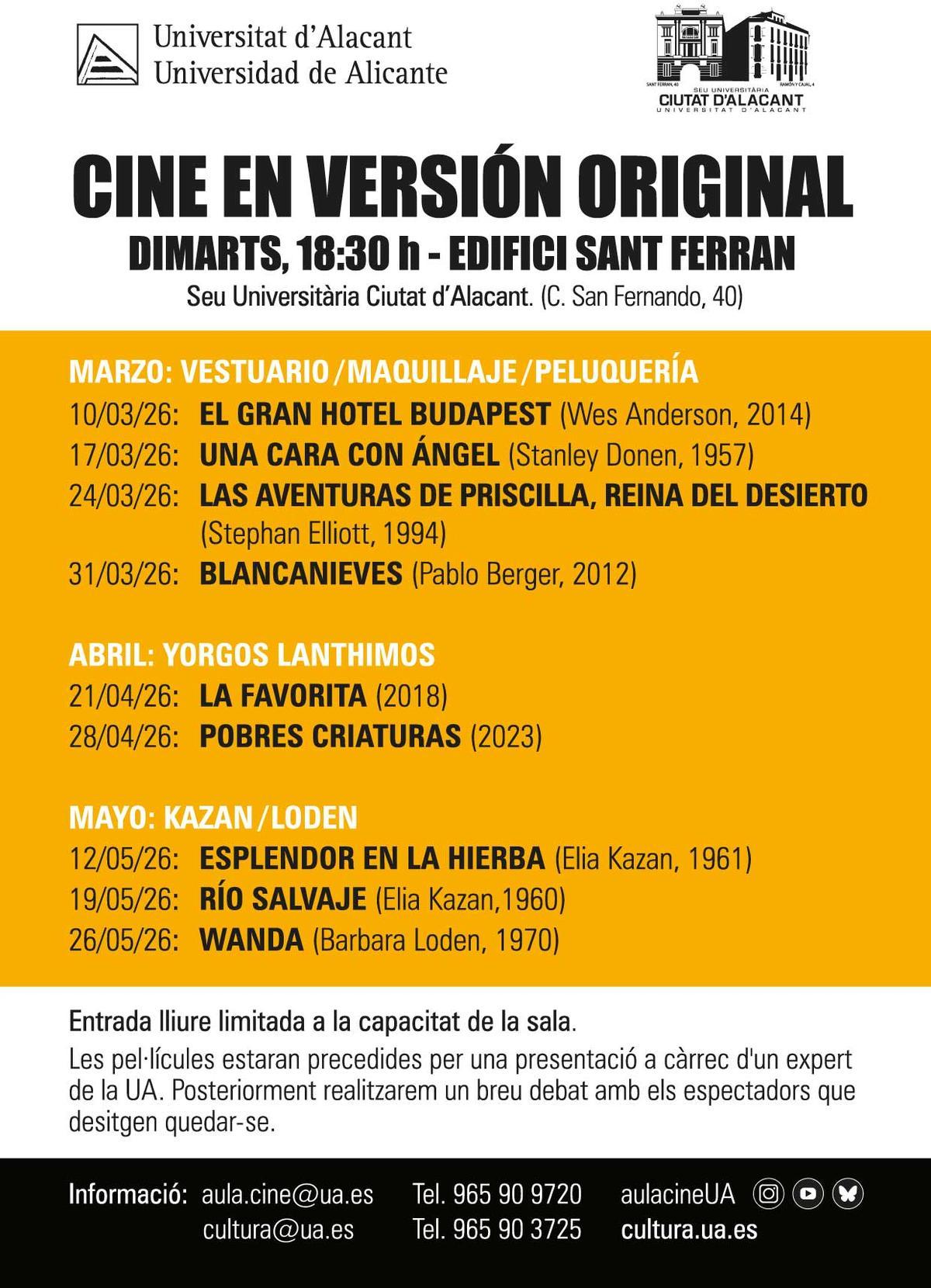 Programación del ciclo de cine en versión original de marzo a mayo en la Sede de la UA en Alicante