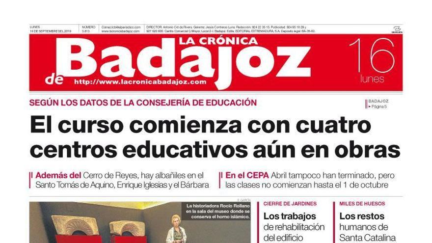 Esta es la portada de LA CRÓNICA DE BADAJOZ correspondiente al día 16 de septiembre del 2019