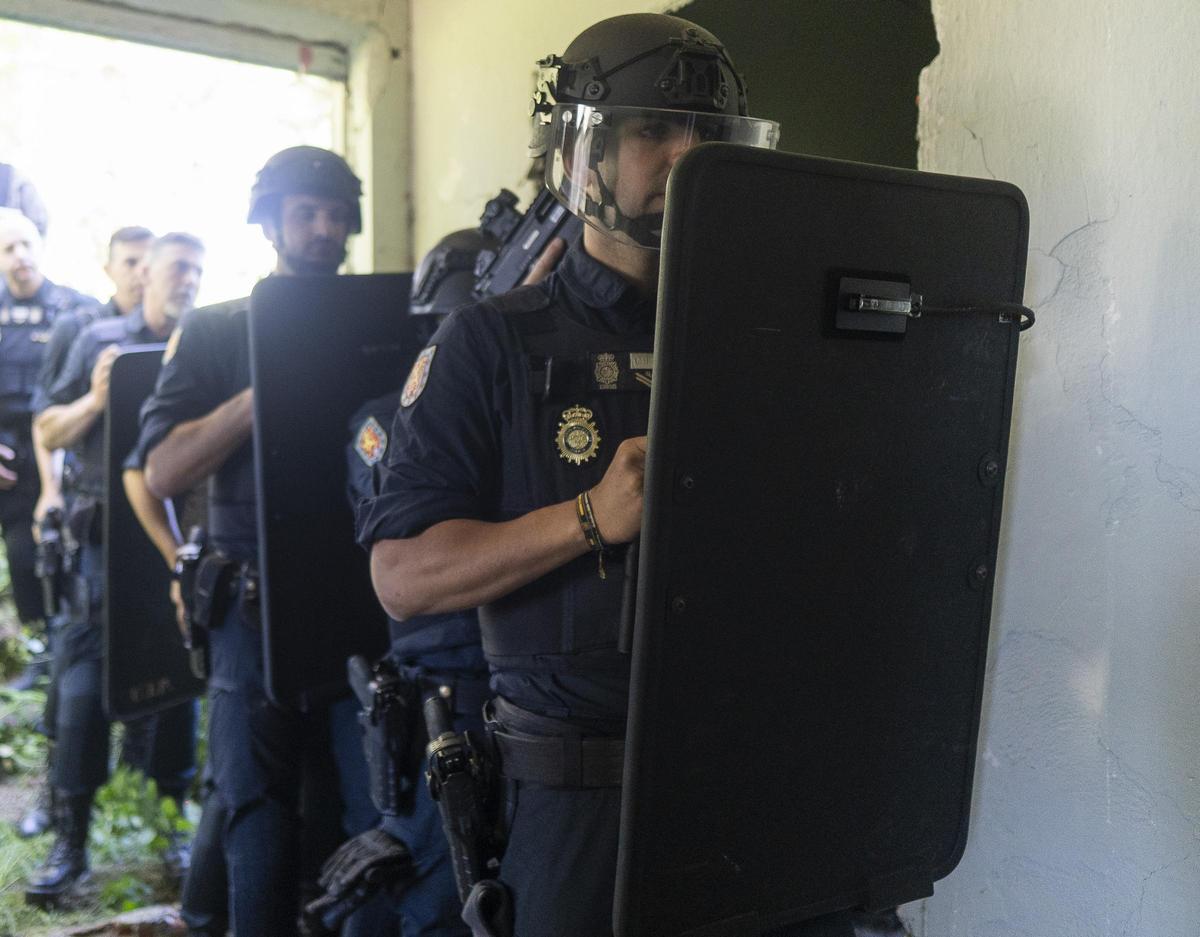 Los agentes asaltan una vivienda, protegidos por escudos preparados para resistir armas de fuego.